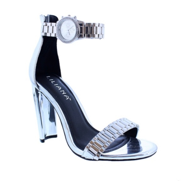 Shotclock Sliver Metallic Watch Ankle Strap Heels - Picture 5 of 5